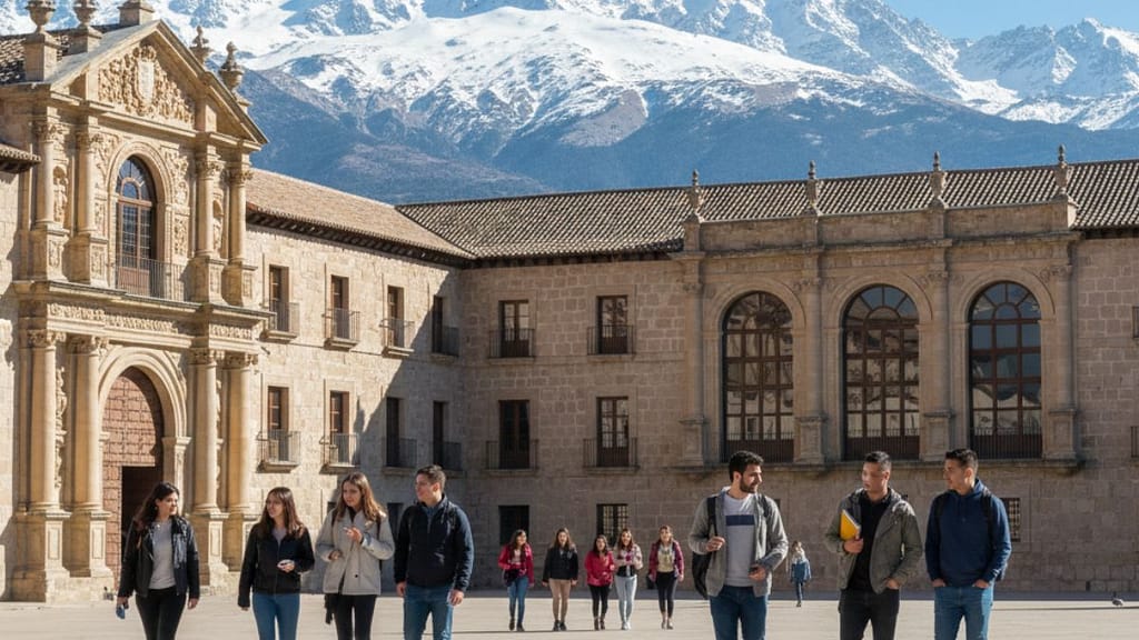 Estudiantes frente a la Facultad de Derecho de la Universidad de Granada con la Sierra Nevada de fondo.