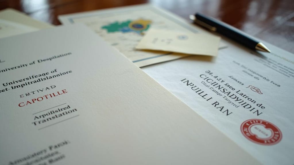 Un diploma universitario junto a una traducción oficial y un sello de apostilla, sobre un mapa de Eslovenia.