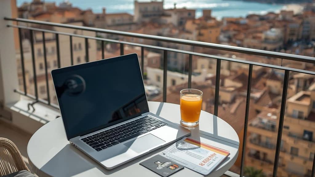 Nómada digital trabajando con laptop frente a una playa española, representando los beneficios fiscales de la Ley de Startups.