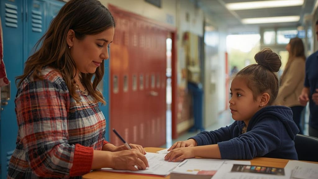 madre latina inscribiendo a su hijo en escuela pública en estados unidos