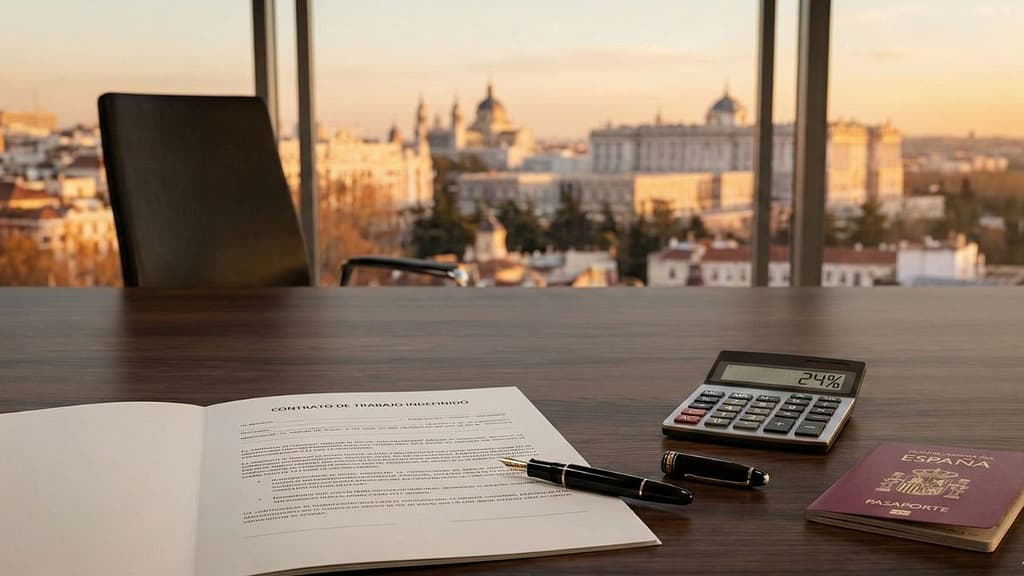 Pasaporte, contrato de trabajo y euros sobre un escritorio moderno con vistas a una ciudad española, representando la Ley Beckham.