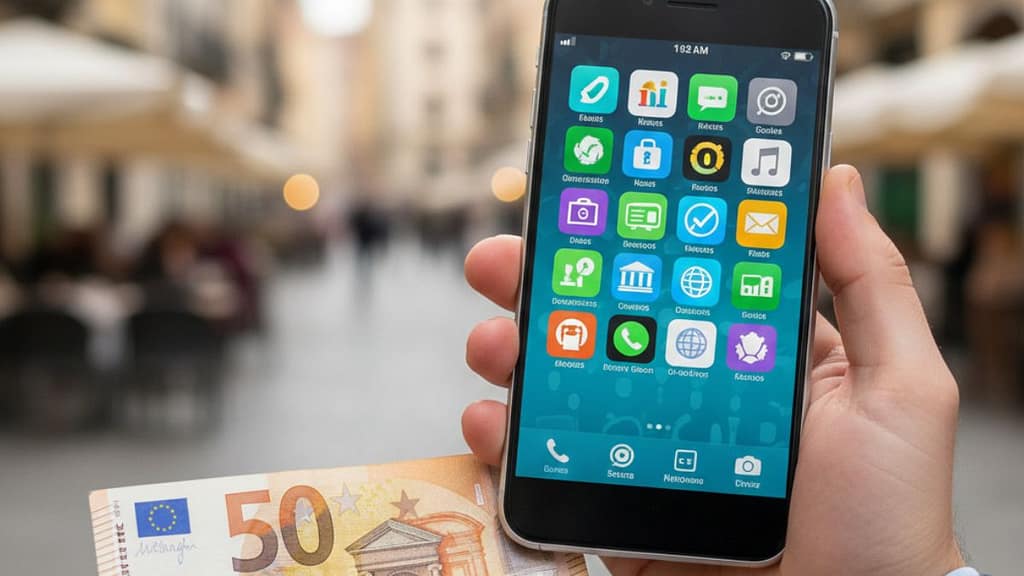 Una mano sosteniendo un smartphone con las apps de Wise y Revolut frente a un billete de 50 Euros y monumentos europeos.