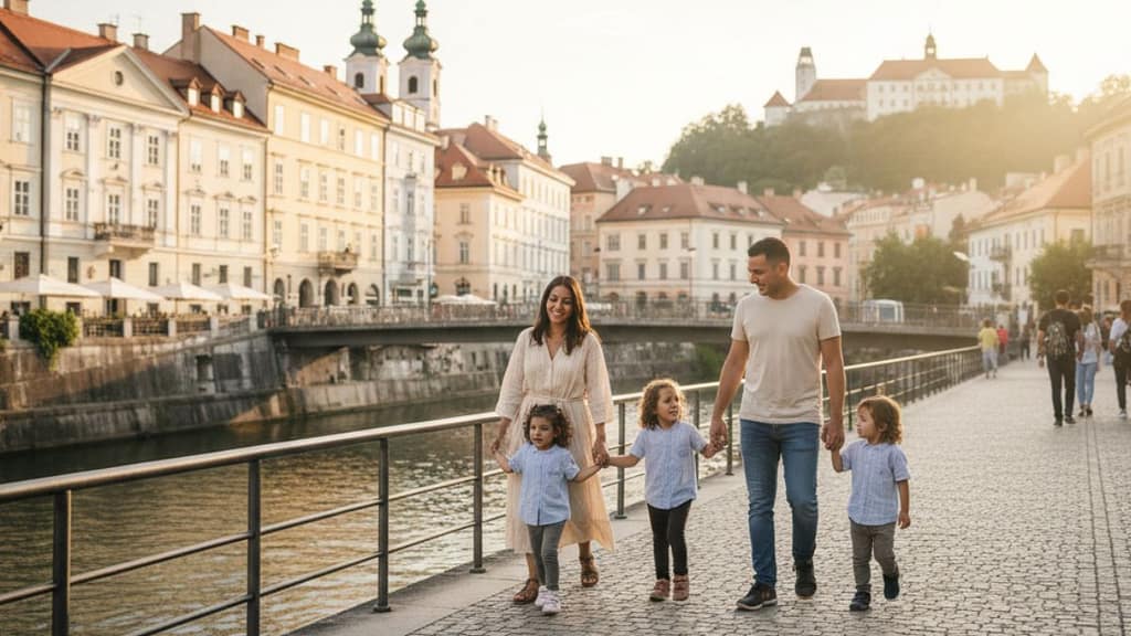 Una familia caminando por el paseo del río Ljubljanica en Liubliana, con edificios coloridos y un ambiente seguro de fondo.