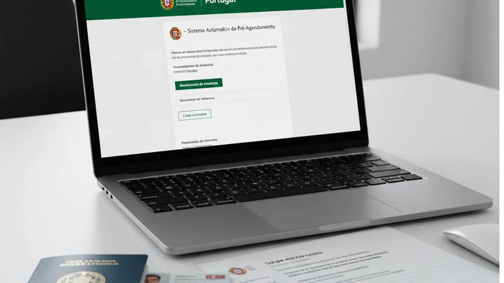 Pantalla de ordenador mostrando el portal SAPA de Portugal y documentos de identidad, representando el trámite de Manifestación de Interés.