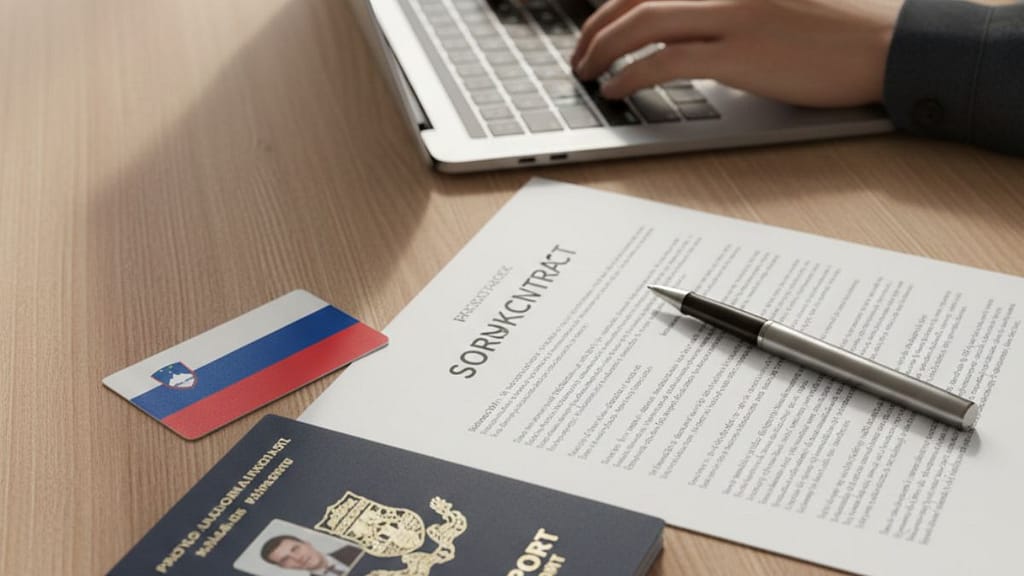 Un profesional firmando un contrato de trabajo con una bandera de Eslovenia y un pasaporte sobre la mesa.