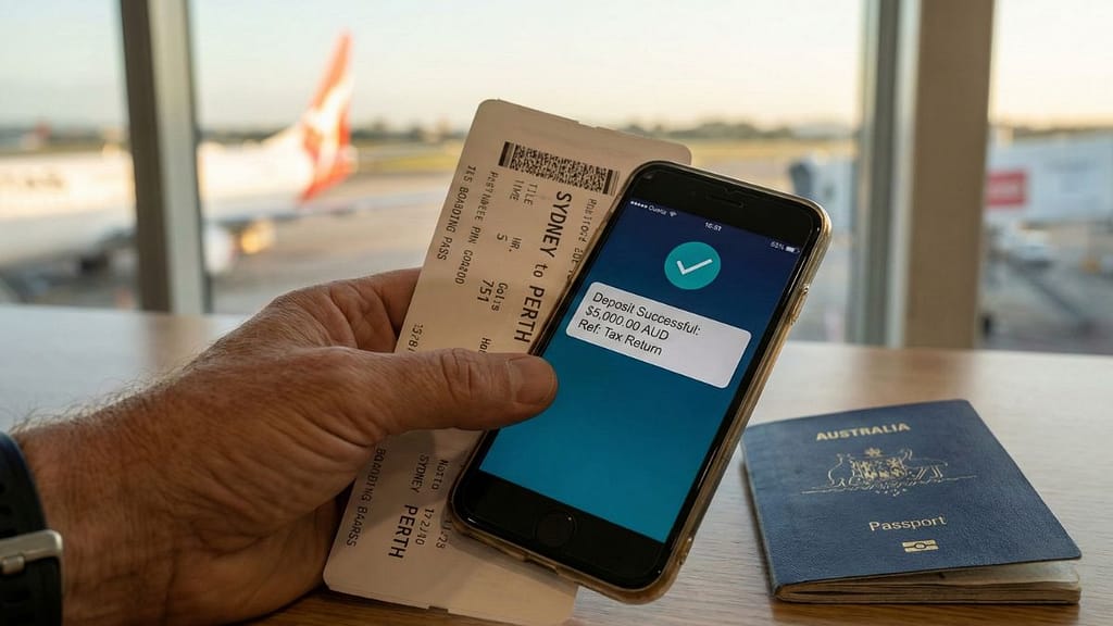 Maletas en un aeropuerto junto a un celular mostrando el saldo de una cuenta de Superannuation en Australia.