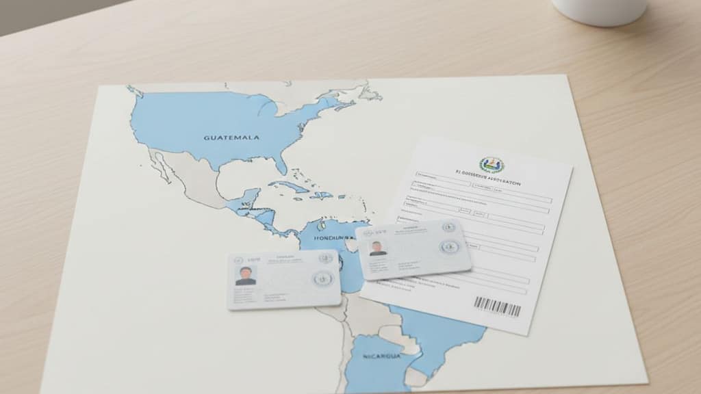 Mapa de Centroamérica resaltando los países del CA-4 y documentos de identidad regionales, representando la facilidad migratoria hacia El Salvador.