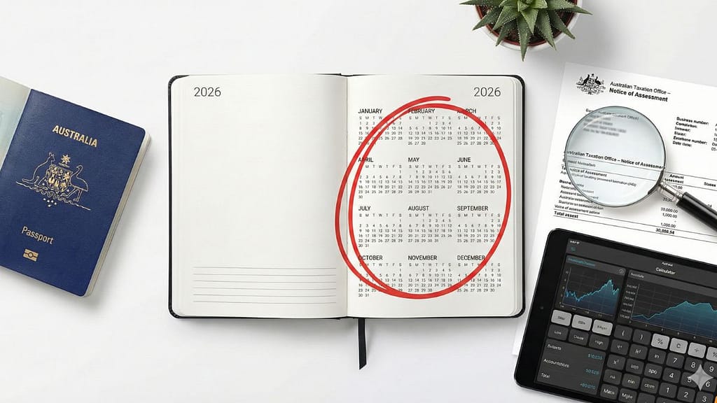 Calendario con 183 días marcados junto a un pasaporte y el logo del ATO en Australia.