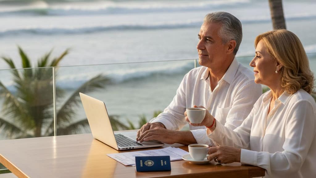 Pareja disfrutando de un café en una terraza con vista al mar en El Salvador, representando la jubilación y residencia para rentistas.