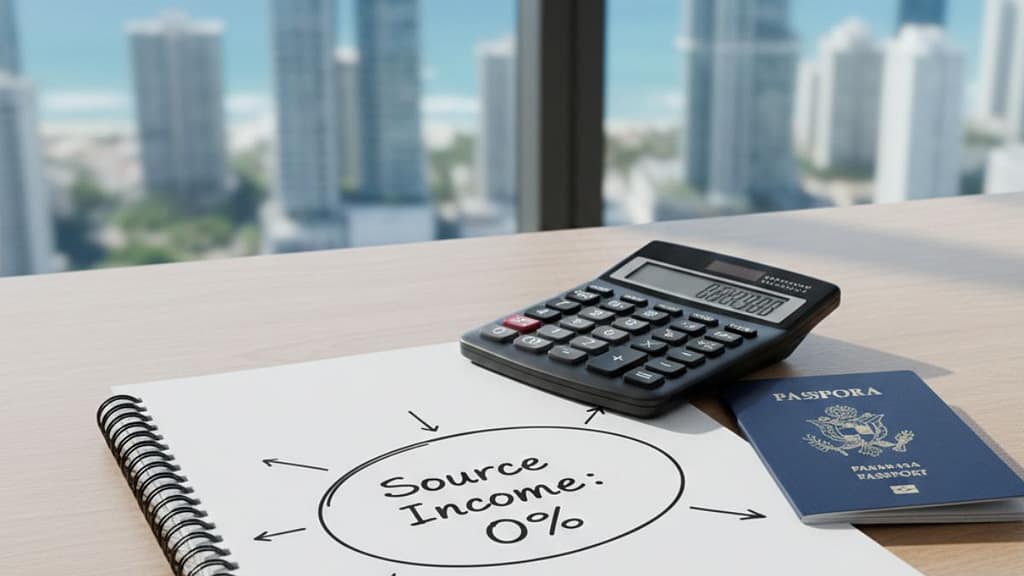 Gráfica financiera sobre un escritorio en Panamá mostrando el concepto de renta de fuente extranjera al 0%.