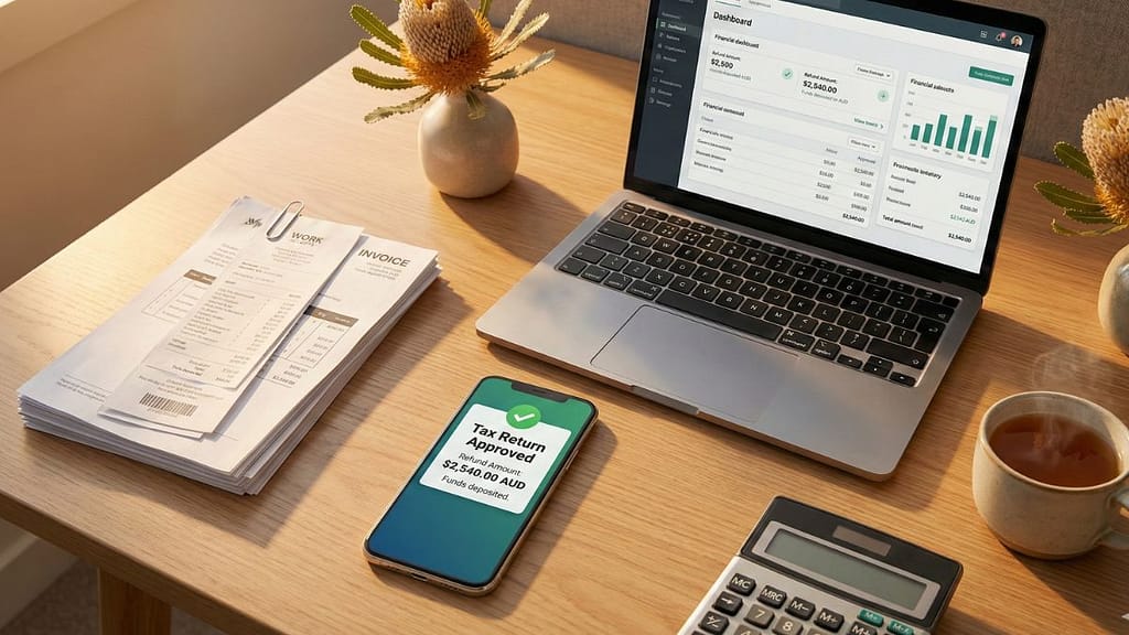 Persona revisando recibos y facturas en una laptop para el Tax Return en Australia.