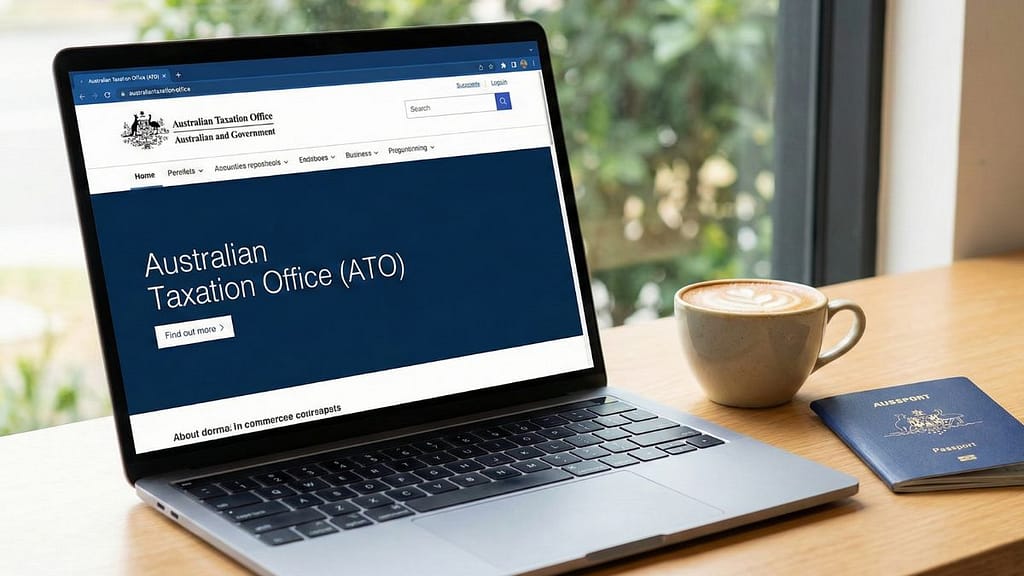 Comparativa TFN vs ABN en Australia sobre un escritorio con pasaporte y café.
