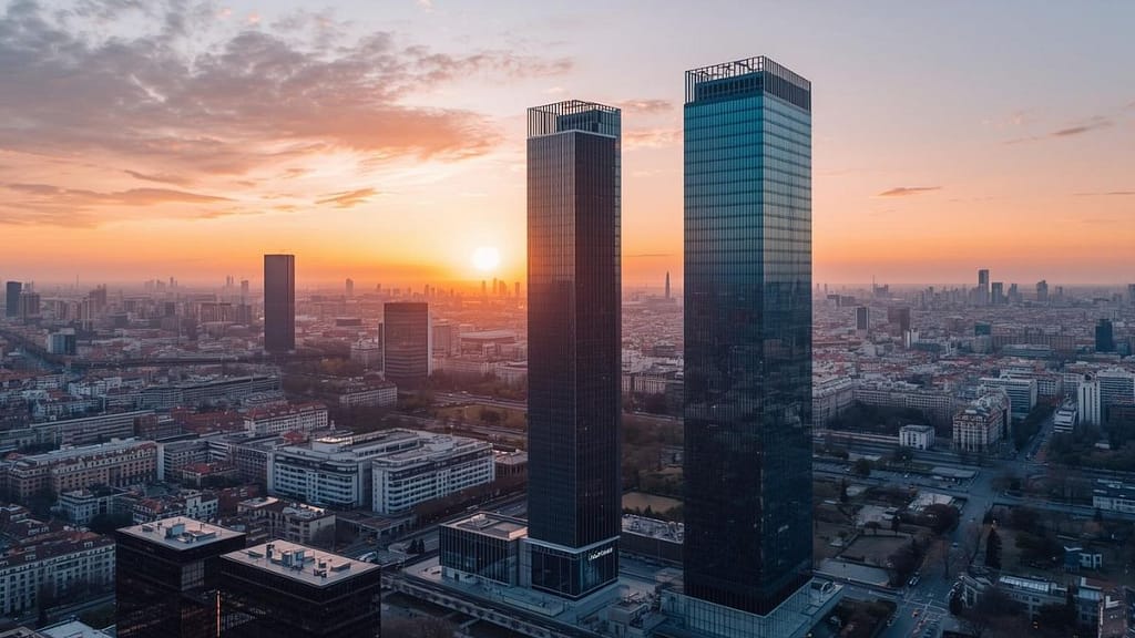 Vista de las Cuatro Torres Business Area en Madrid, centro financiero y de empleo cualificado.