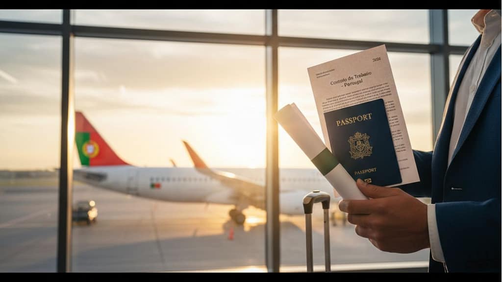 Persona sosteniendo un pasaporte y un contrato de trabajo frente a un avión, representando la obtención de la visa de trabajo para Portugal.