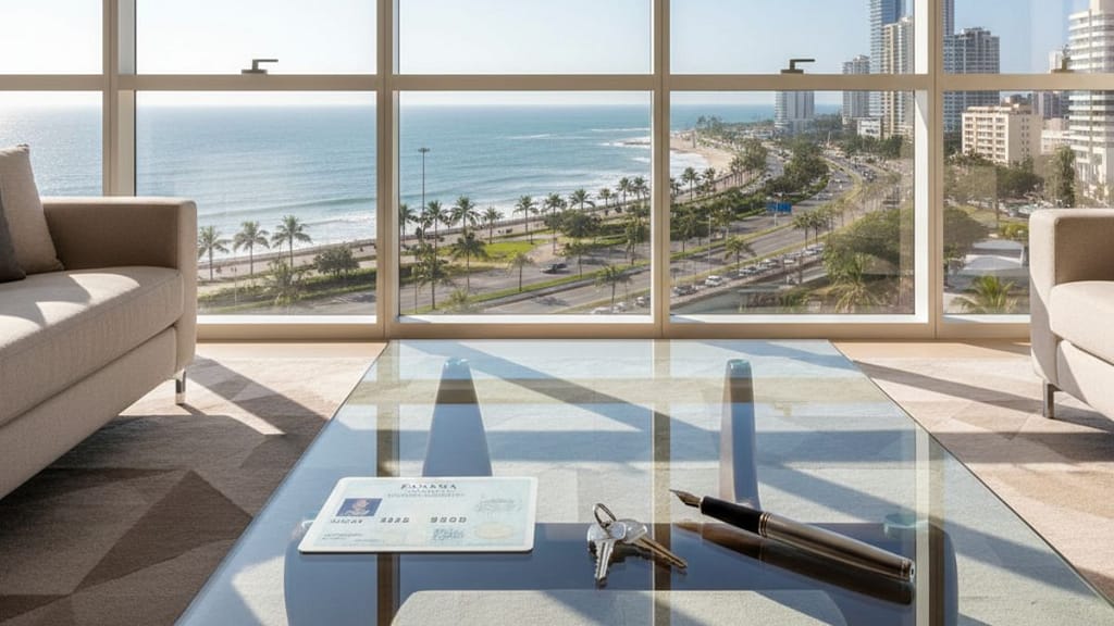 Carnet de residencia permanente en Panamá y llaves de apartamento sobre un escritorio con vista a la Ciudad de Panamá.