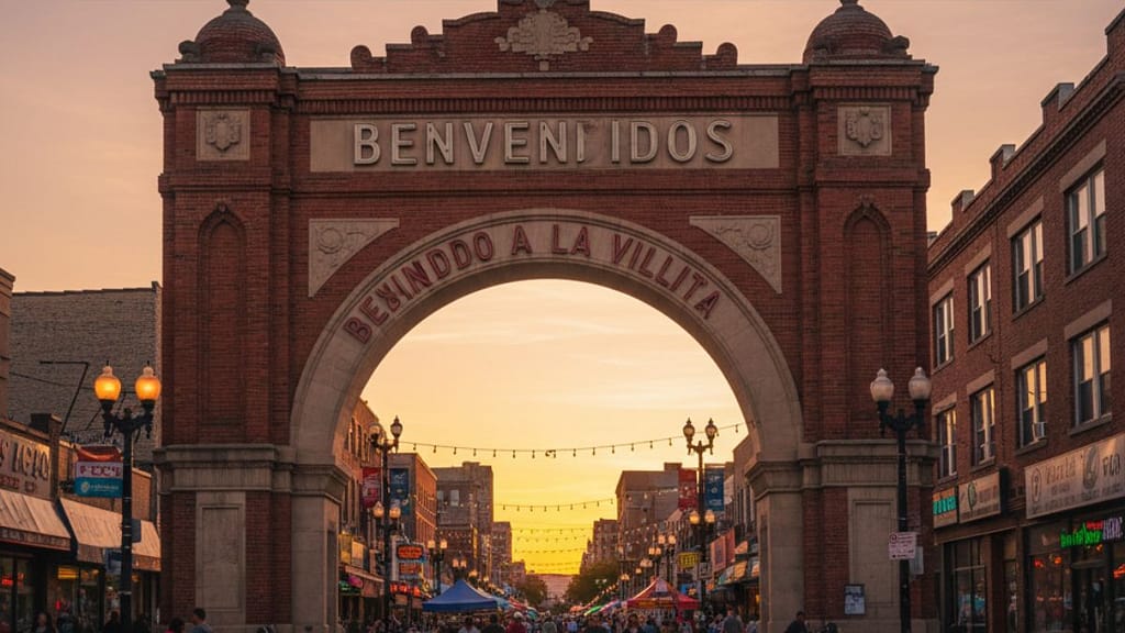 Arco de Bienvenidos a La Villita en Chicago, Illinois, durante el atardecer, representando el corazón de la comunidad mexicana e hispana.