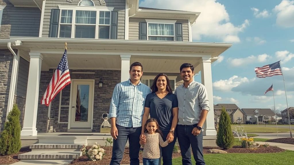 Familia hispana frente a una casa nueva con jardín en un suburbio de Indianápolis, Indiana.