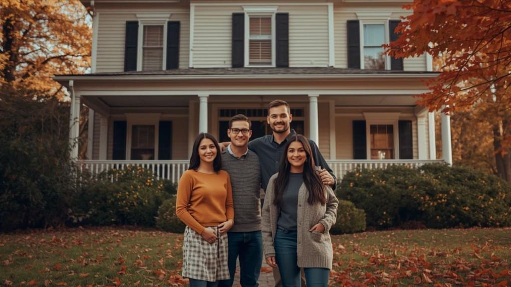 Familia latina frente a una casa típica en un vecindario de Grand Rapids, Michigan, rodeados de árboles otoñales.
