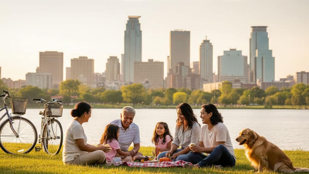 Familia latina sonriente disfrutando de un parque con el skyline de Minneapolis, Minnesota, al fondo durante el atardecer.