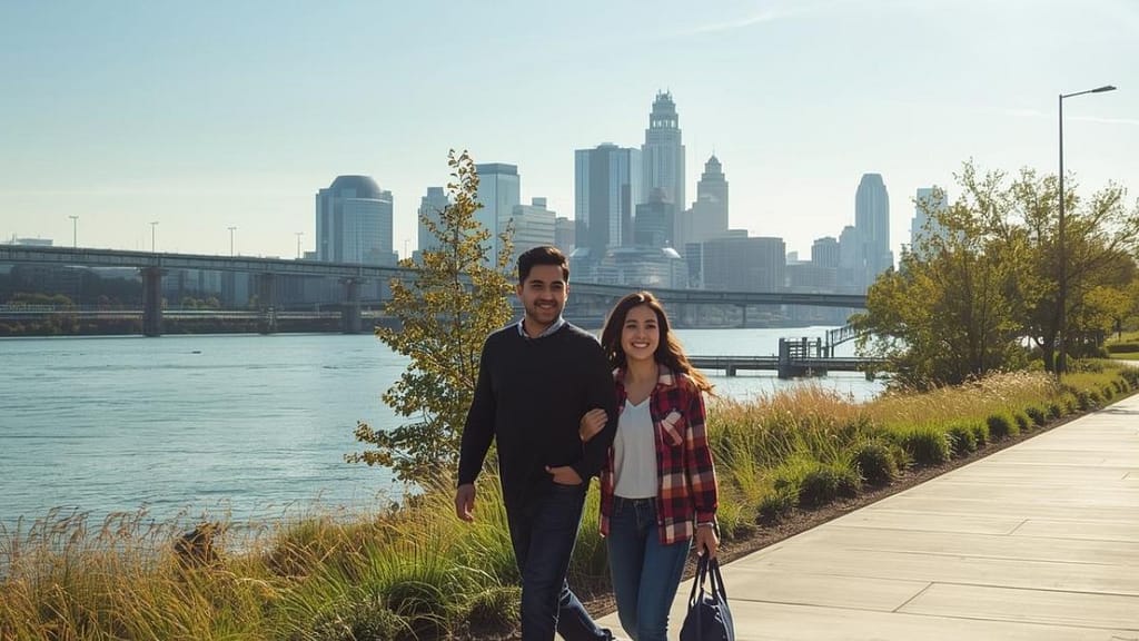 Pareja hispana joven frente al skyline de Columbus, Ohio, durante un día soleado en el Scioto Mile park