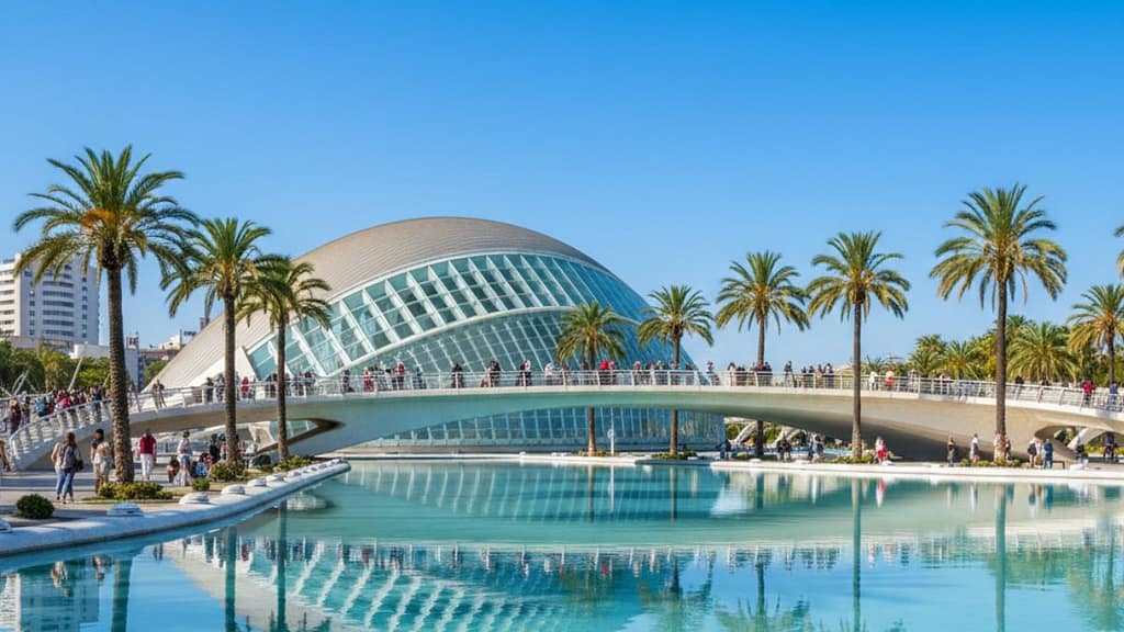 Edificios modernos de la Ciudad de las Artes y las Ciencias en Valencia, España, bajo un cielo azul.
