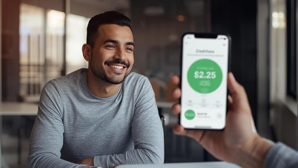 Hombre hispano revisando su puntaje de crédito al alza en su celular.