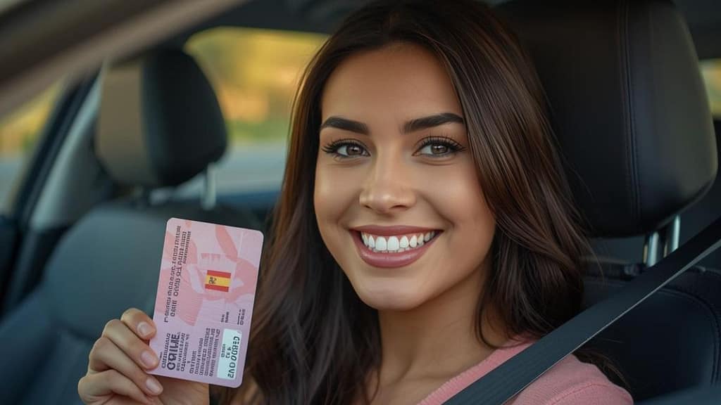 Mujer hispana mostrando su nuevo carnet de conducir español tras realizar el canje en la DGT en 2026.