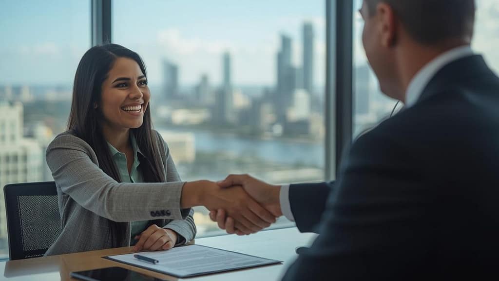 Profesional hispana firmando un contrato de trabajo con un sponsor en Estados Unidos 2026.
