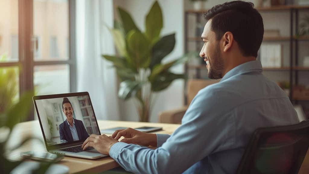 Profesional hispano en una entrevista de trabajo remota con un reclutador de Australia para una visa de sponsor 2026.