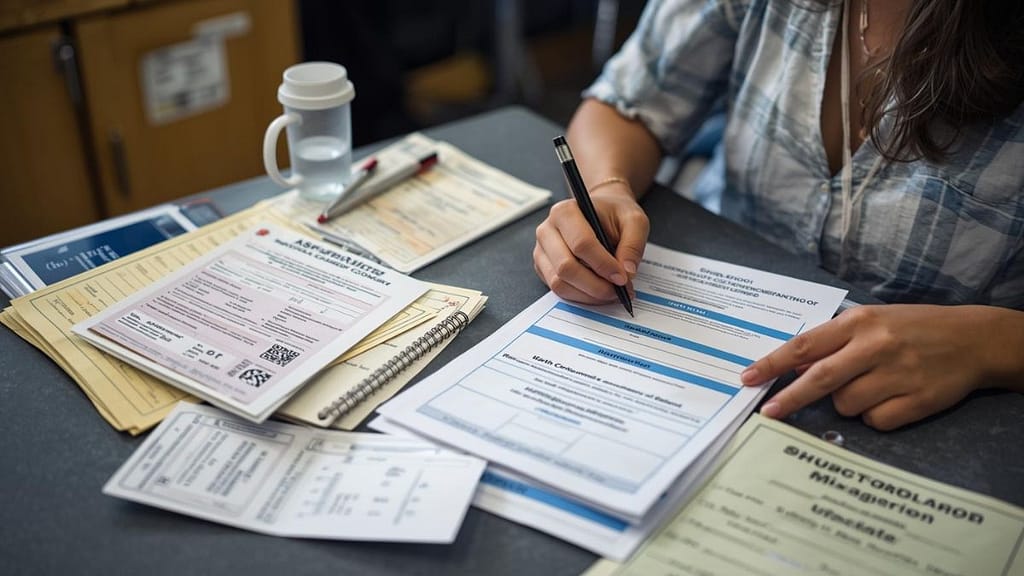 padre organizando documentos para inscribir a su hijo en escuela en estados unidos