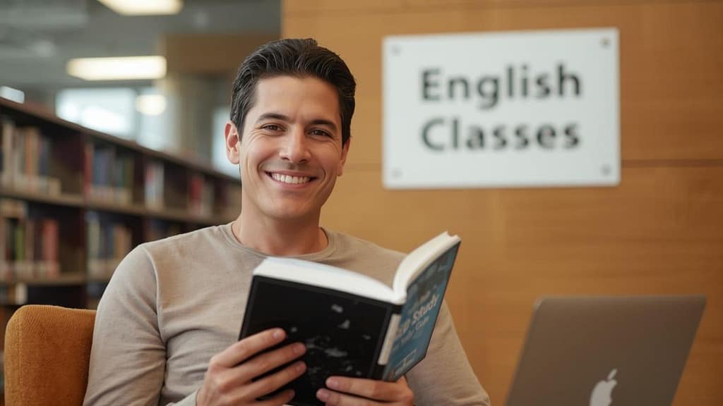 Estudiante adulto latino en una biblioteca de Estados Unidos estudiando para el examen GED y tomando clases de ESL.