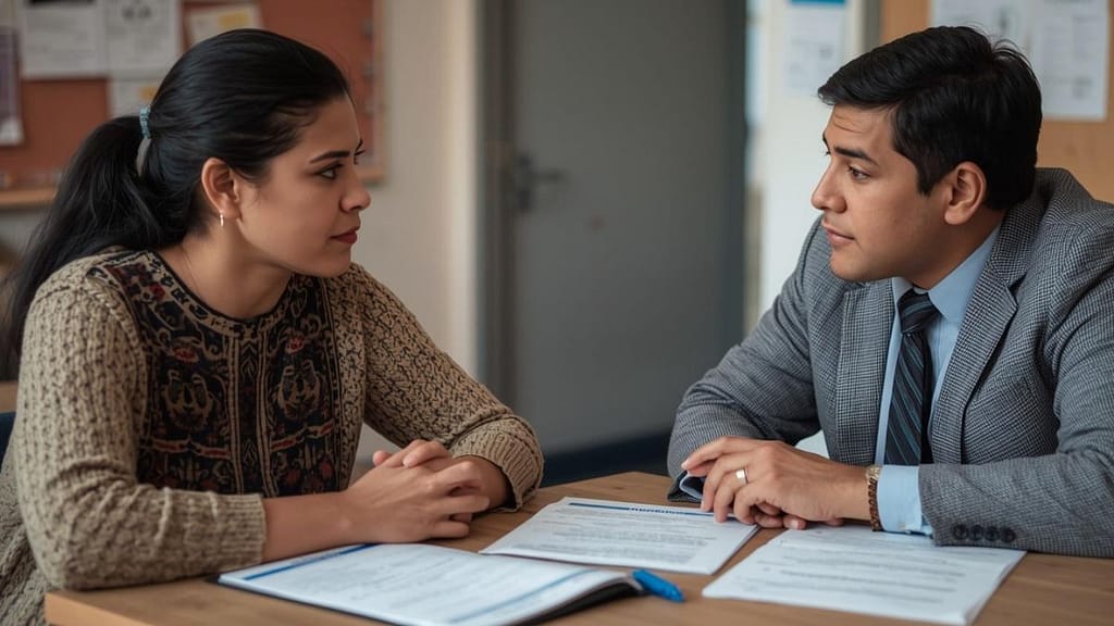 padre hablando con administrador escolar sobre inscripción de estudiante en estados unidos