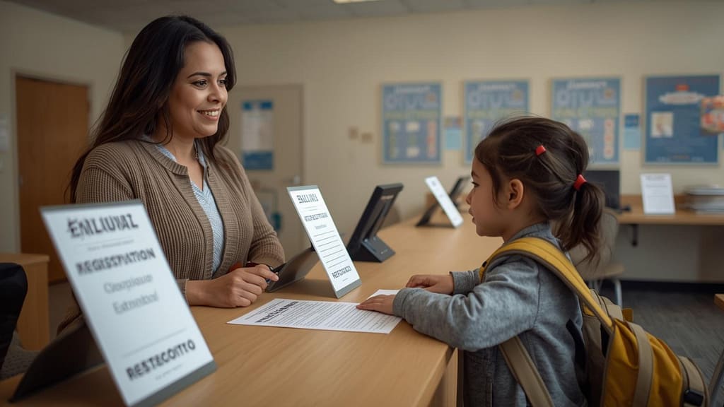 Madre hispana inscribiendo a su hijo en una escuela pública en Estados Unidos sin número de Seguro Social
