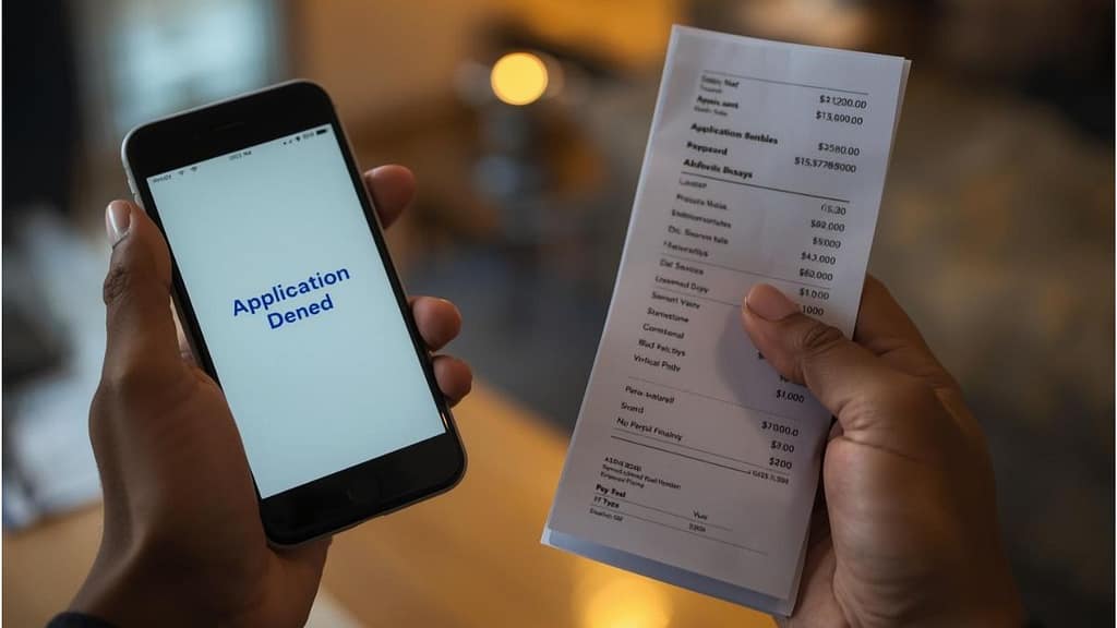 Hombre hispano revisando una carta de rechazo de tarjeta de crédito en Estados Unidos