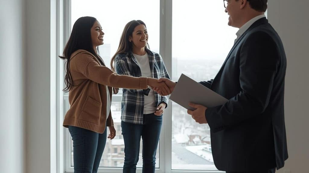 Pareja hispana recién llegada logrando rentar un apartamento en Canadá sin historial crediticio en 2026.
