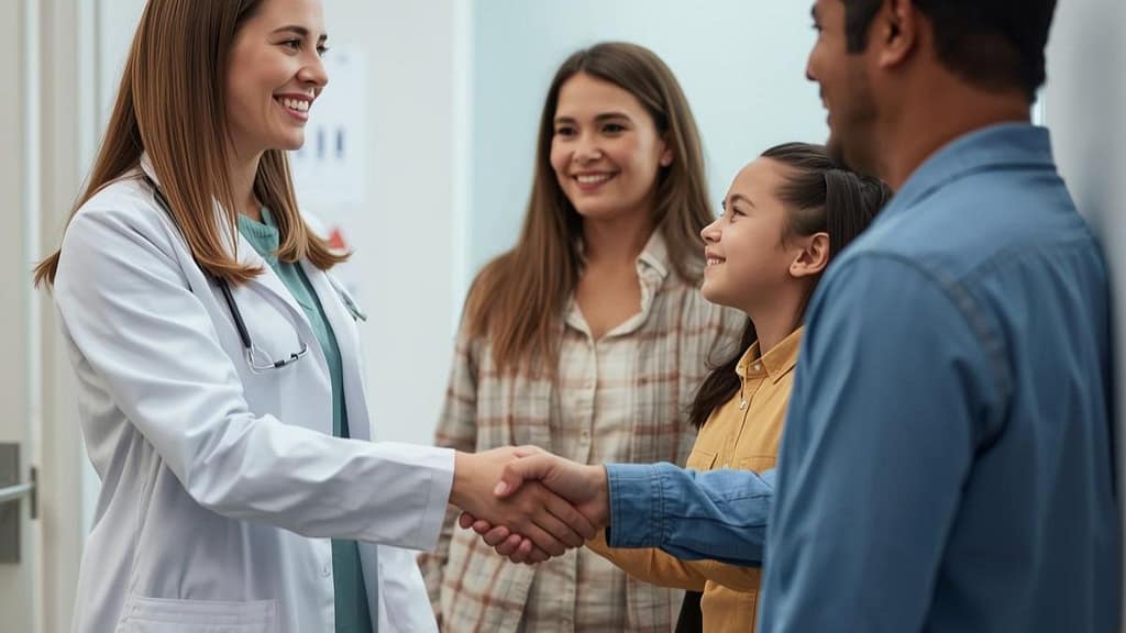 Familia hispana recibiendo atención médica gratuita en Canadá con su tarjeta de salud provincial en 2026