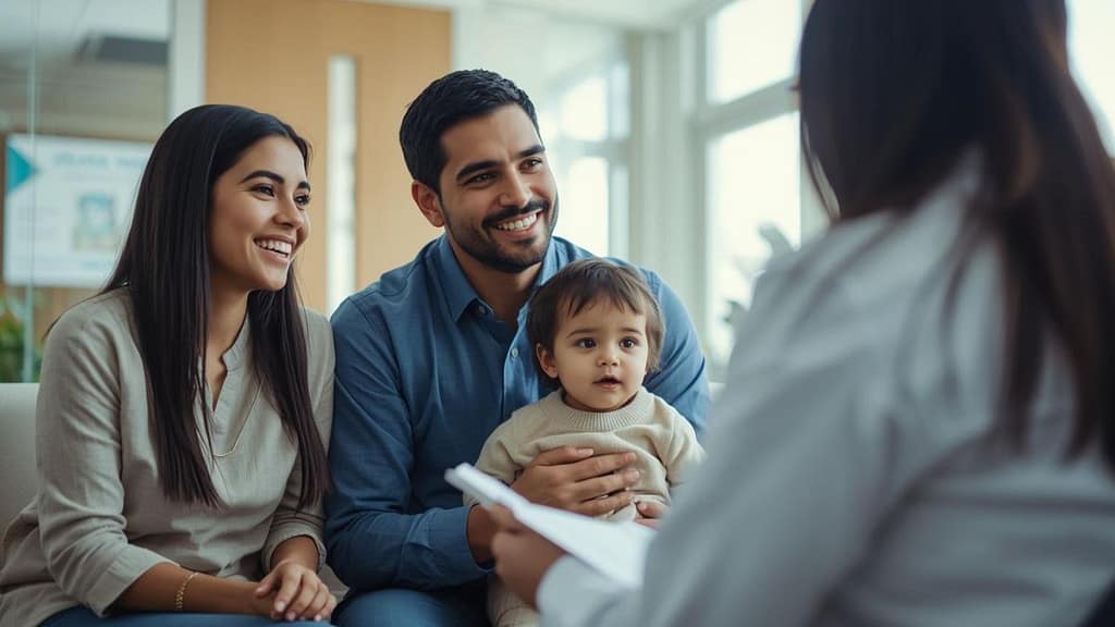 Familia hispana recibiendo asesoría sobre seguro médico en una clínica de Estados Unidos 2026.