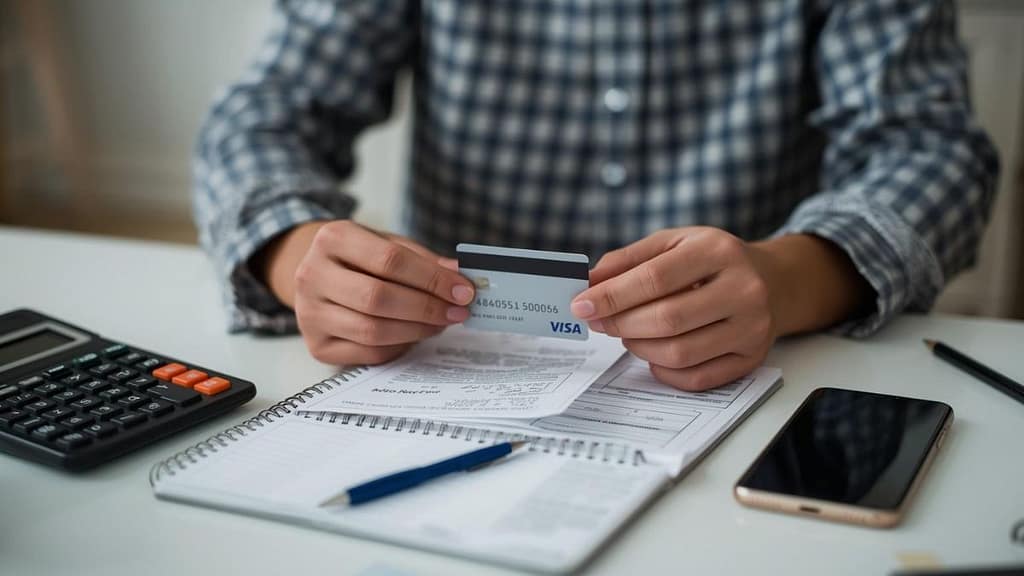 Persona hispana revisando una tarjeta asegurada para empezar crédito en Estados Unidos