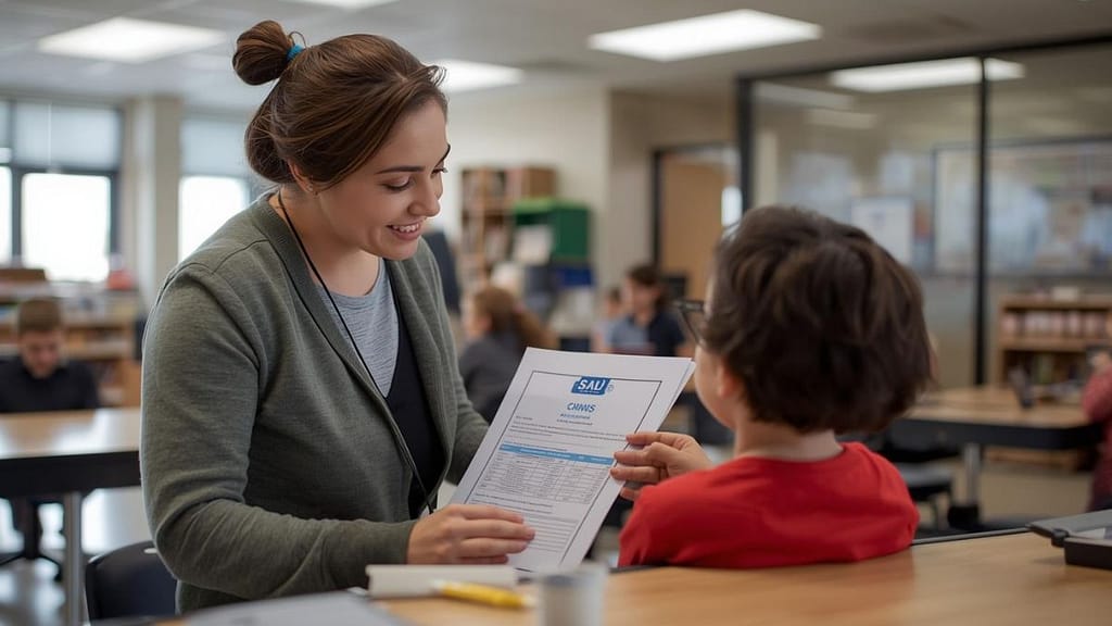 madre revisando registro de vacunas para inscribir a su hijo en una escuela en Estados Unidos