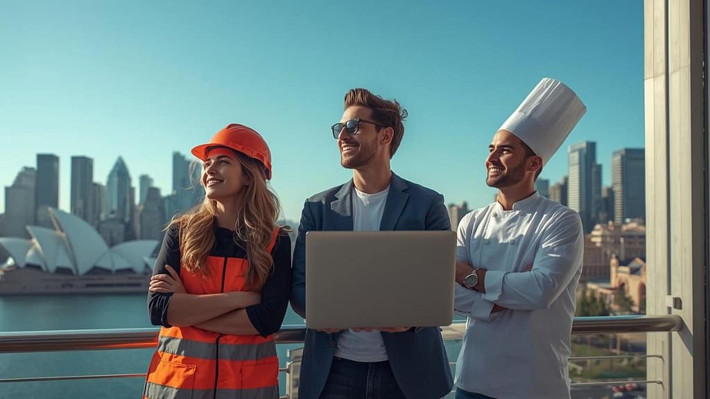 Trabajadores cualificados con visa de sponsor en Australia mirando el skyline de Sídney en 2026.