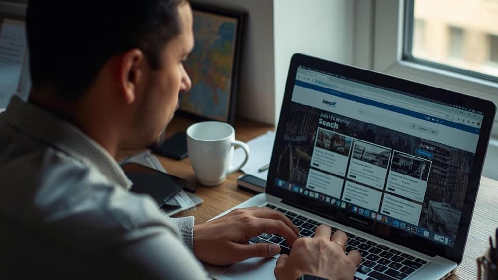 Persona hispana buscando trabajo en Google Jobs desde una laptop en Estados Unidos