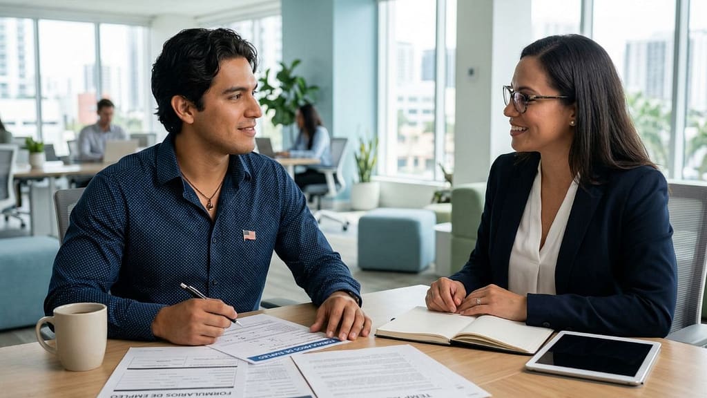 Persona hispana registrándose en una agencia de trabajo o temp agency en Estados Unidos