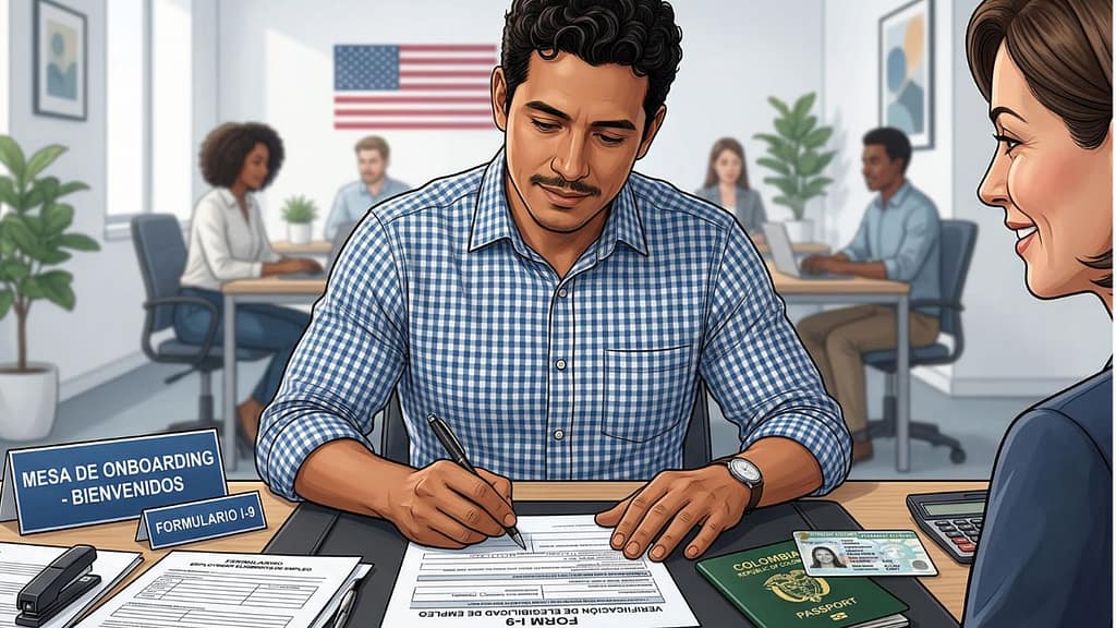 Trabajador hispano llenando el formulario I-9 para empezar un empleo en Estados Unidos