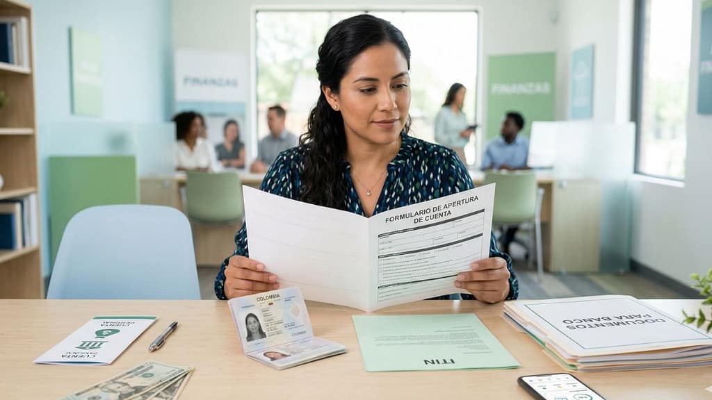 Persona latina preparando documentos para abrir una cuenta bancaria con ITIN y pasaporte extranjero en Estados Unidos