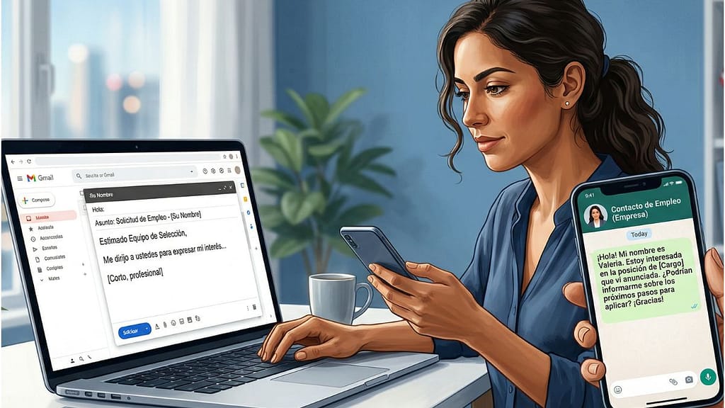 Persona hispana enviando un mensaje profesional para pedir trabajo por WhatsApp y email en Estados Unidos