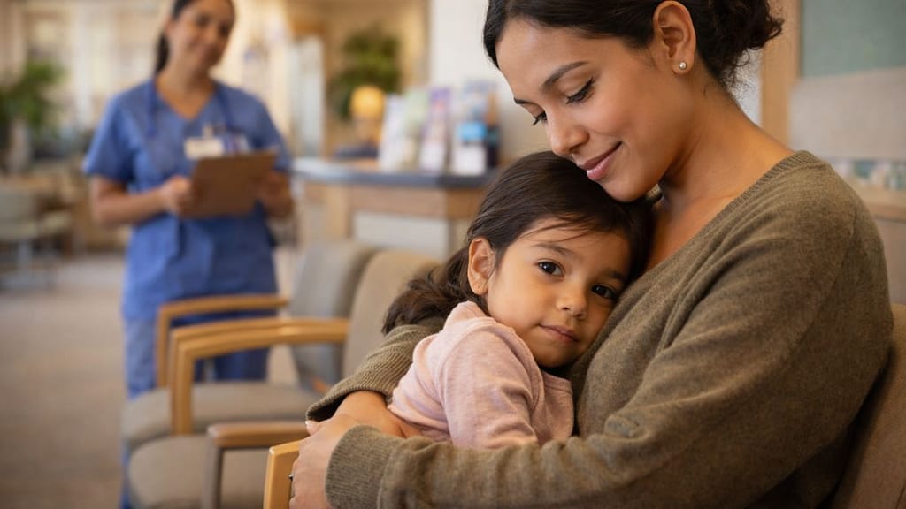 Madre hispana con su hijo en clínica comunitaria buscando seguro médico en Estados Unidos 2026