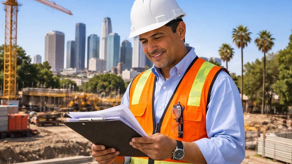 Contratista hispano en California revisando licencia CSLB y seguro de responsabilidad civil