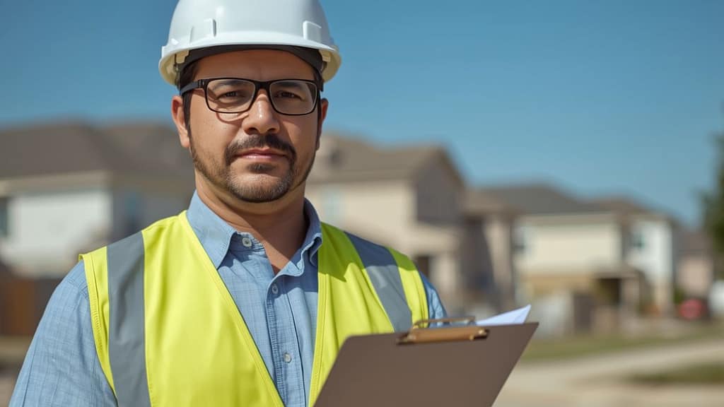 Contratista hispano revisando su póliza de seguro para contratistas en San Antonio, TX en una obra residencial