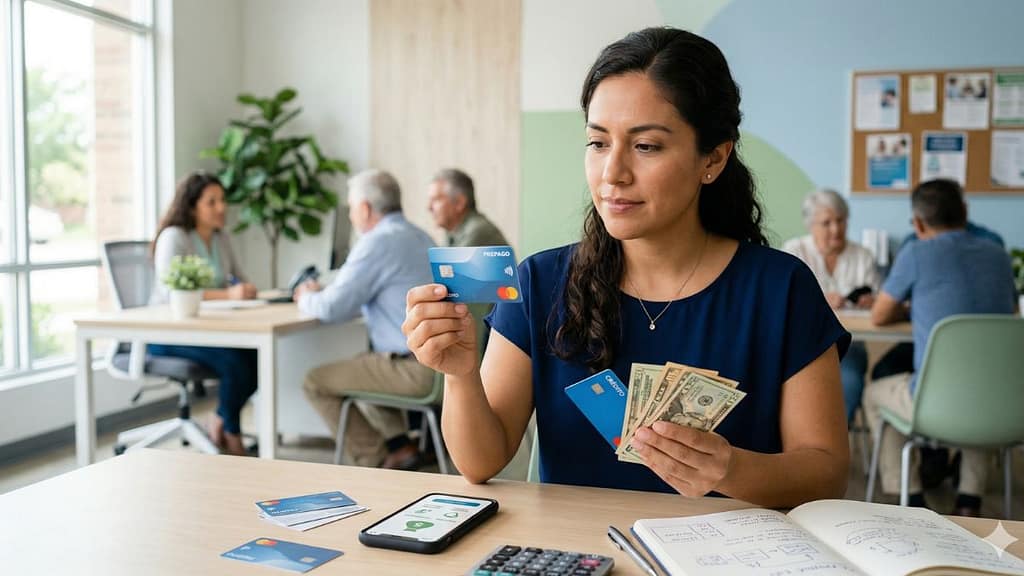 Persona latina evaluando una tarjeta prepaga como alternativa bancaria en Estados Unidos