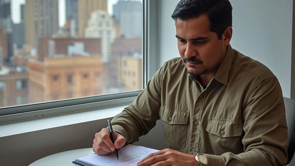 Trabajador hispano revisando su salario mínimo en Nueva York